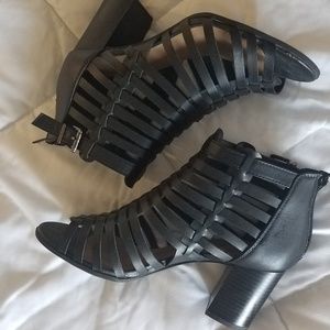 shoes, black, booty style, open toe, stack heel
